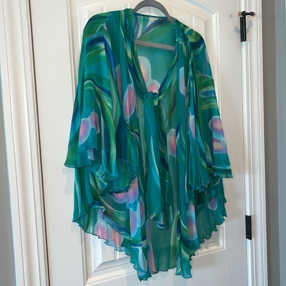 Multi piece Yolanda Lorente teal silk hand painted top skirt and topper size M - Picture 5 of 15